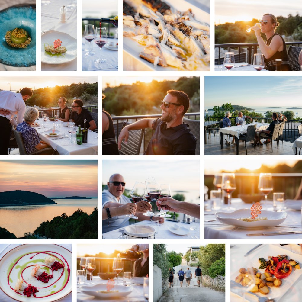 Abendessen mit dalmatinischer Küche und kroatischem Wein bei Sonnenuntergang mit Blick auf die Adria