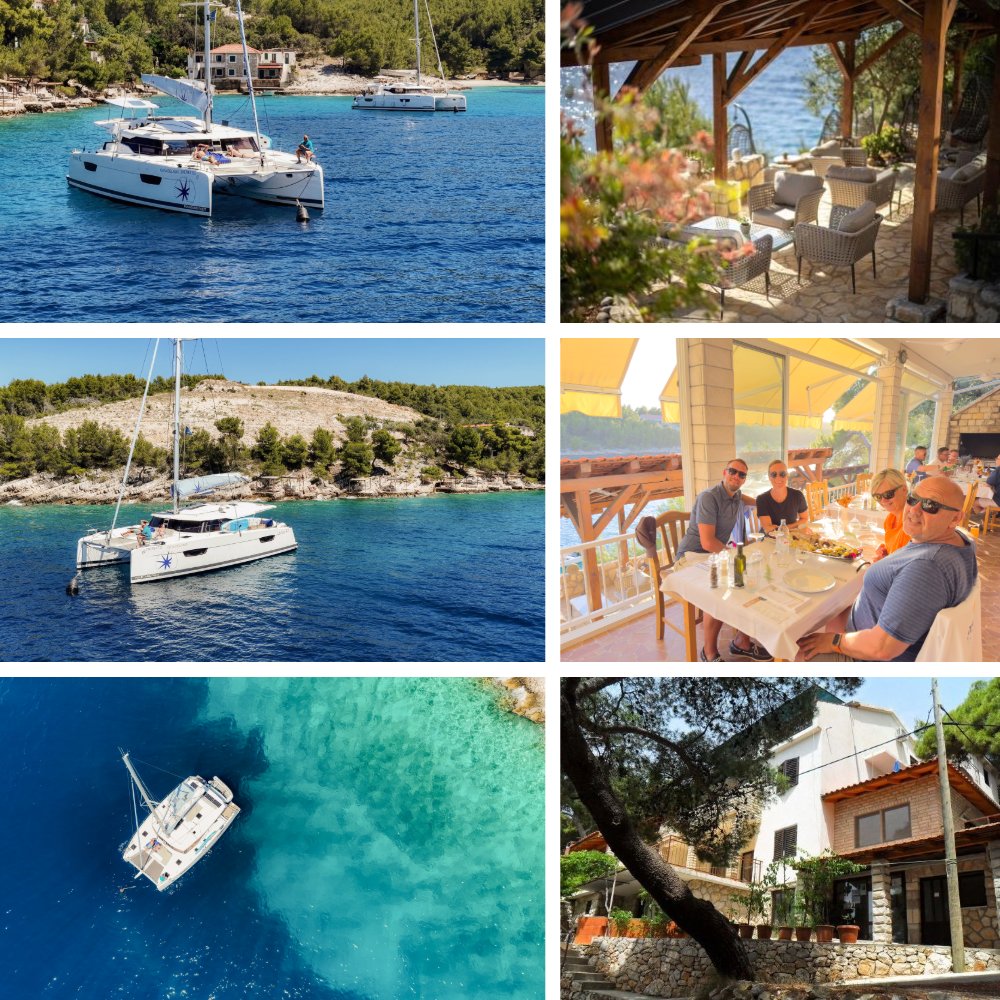 Katamaran vor Anker in einer türkisblauen Bucht in Kroatien mit Besuch einer traditionellen Konoba direkt am Meer