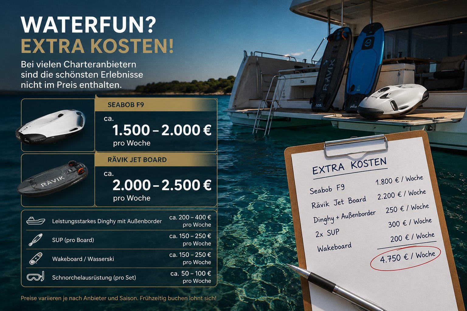 Zusätzliche Kosten für Water Toys bei einer Katamaran-Charter, Seabob, Jetboard, Dinghy, SUP und Wakeboard